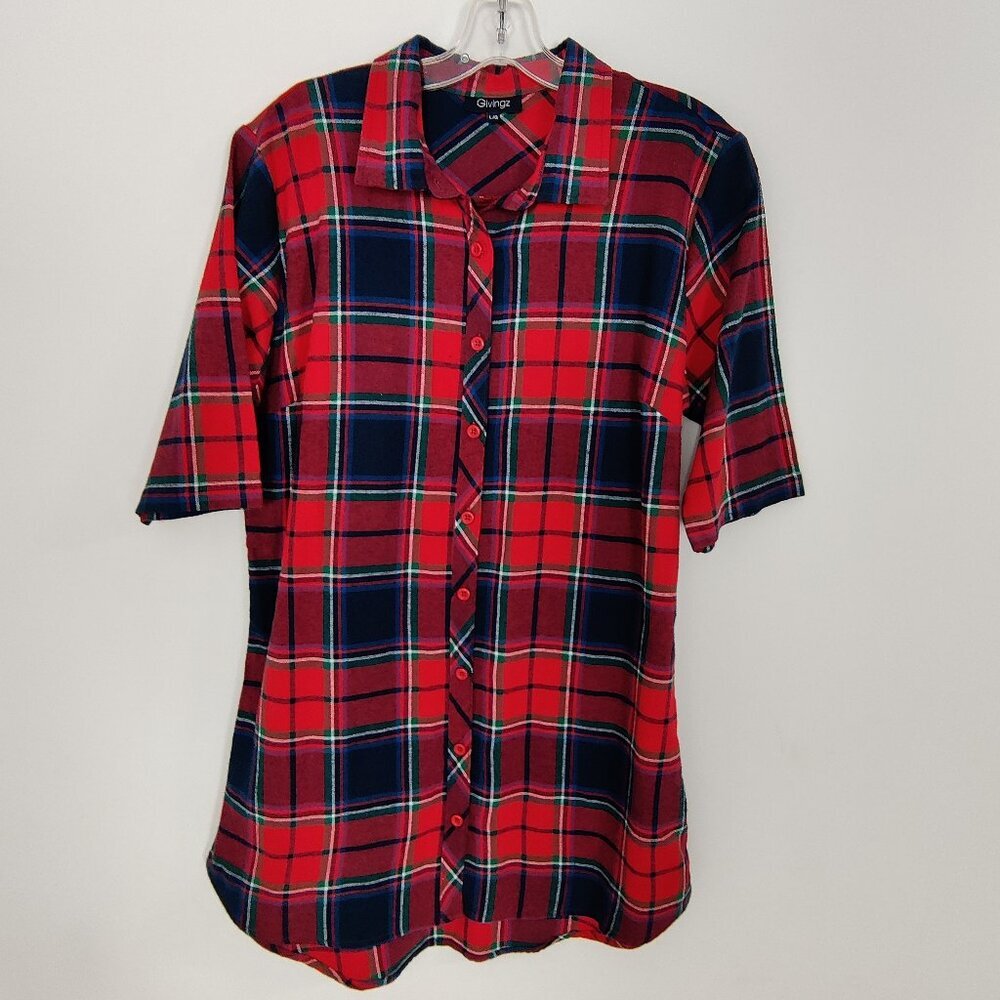 Givingz Women's Plaid Shirt Size L Cotton Viscose Red Navy Casual Summer Outdoor